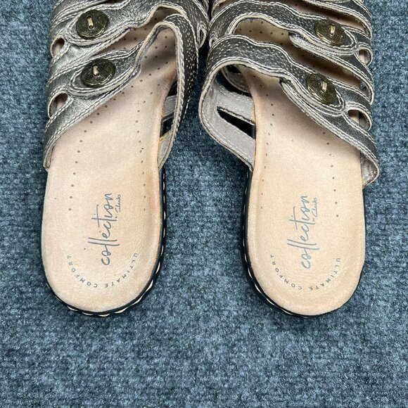 Clarks Sandals Women's Size 8.5 Bronze Leather Button Adjustable Comfort Slides - Picture 9 of 12